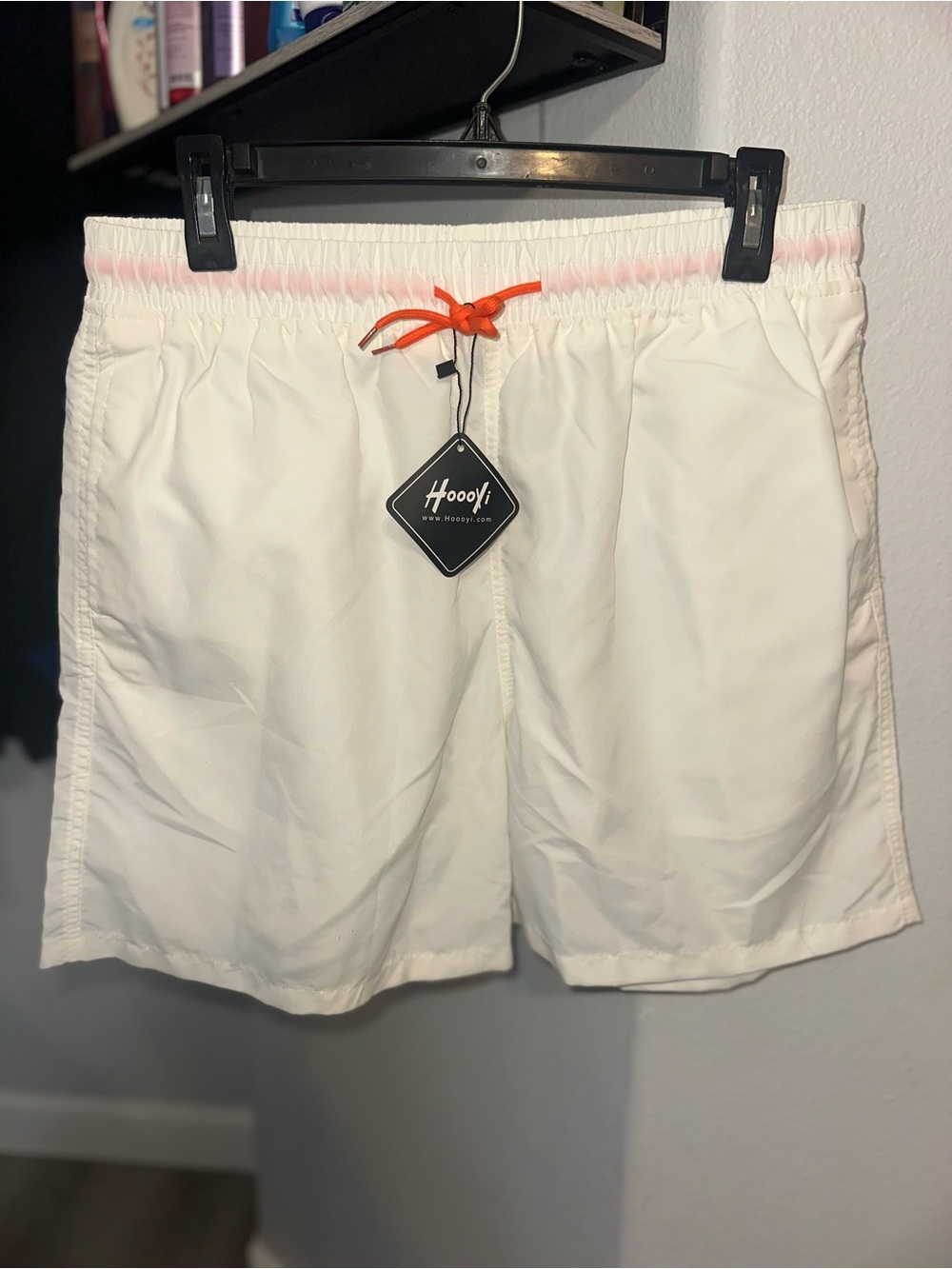 White Men's Swim Shorts with Orange Drawstring